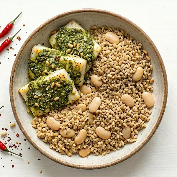 Pesto Baked Fish With Butter Bean Freekeh